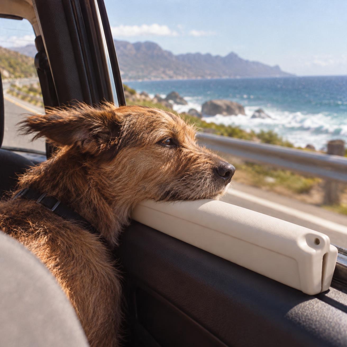 Dog resting its chin on The Wag Club window chin rest on a coastal drive